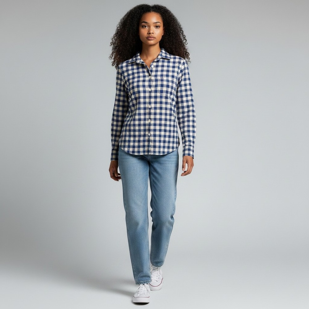 J.Crew Gingham Button Down Shirt Womens 2 Blue Cream Long Sleeve Cotton